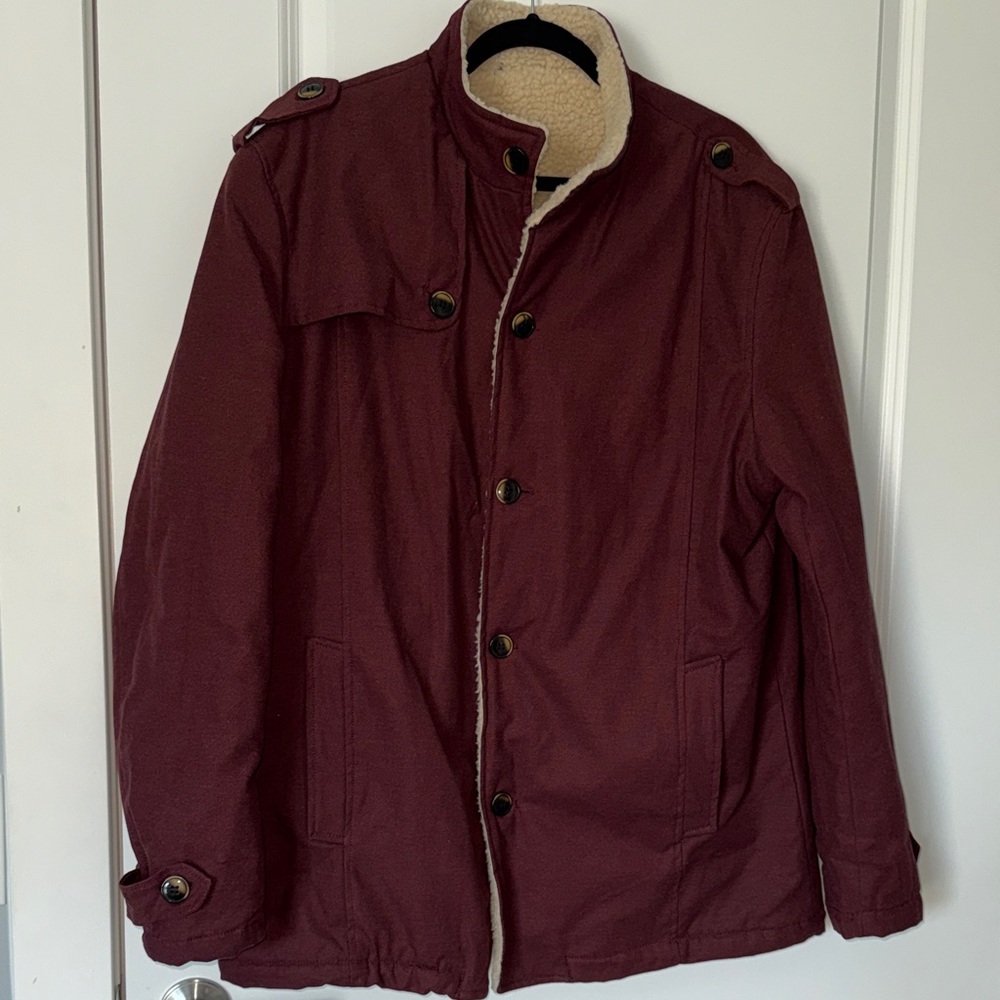 Men's Burgundy Military Jacket with Sherpa Lining